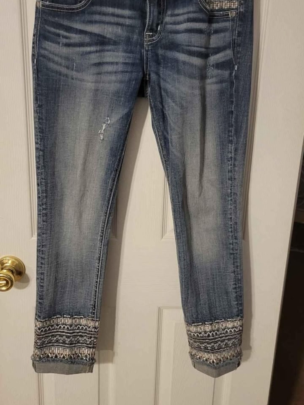 Miss Me Distressed Cropped Jeans with Embroidered Ankles - Blue
